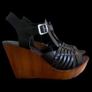 Kenneth Cole Black Leather 70s Style Hippie Boho Platform Wedge Heel Sandals 10